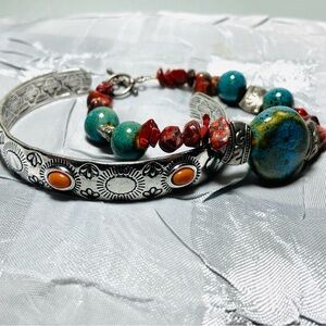 Two Bracelets Silver Cuff and Mixed Stone Bracelet Stack